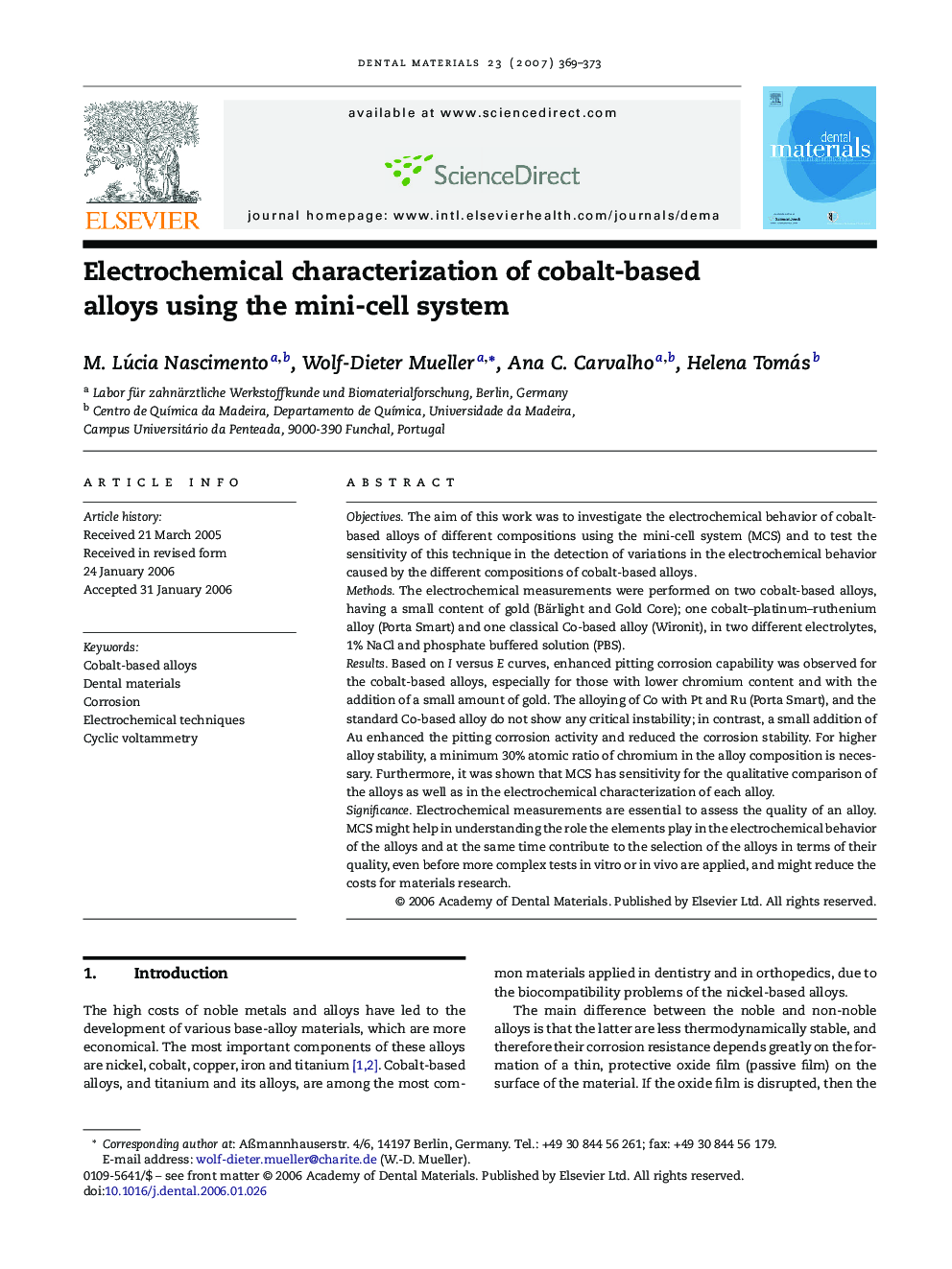 Electrochemical characterization of cobalt-based alloys using the mini-cell system