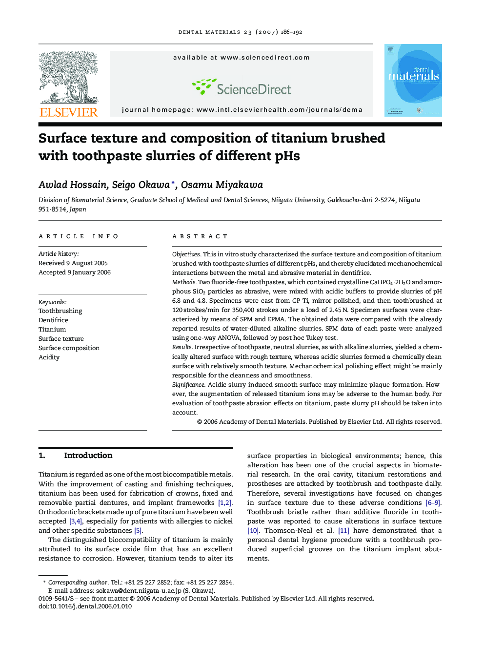 Surface texture and composition of titanium brushed with toothpaste slurries of different pHs