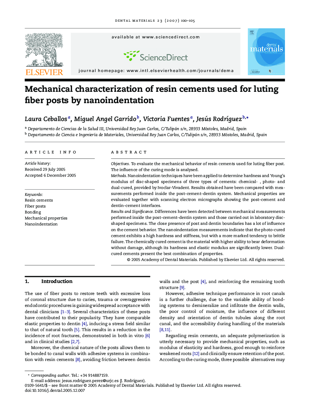 Mechanical characterization of resin cements used for luting fiber posts by nanoindentation