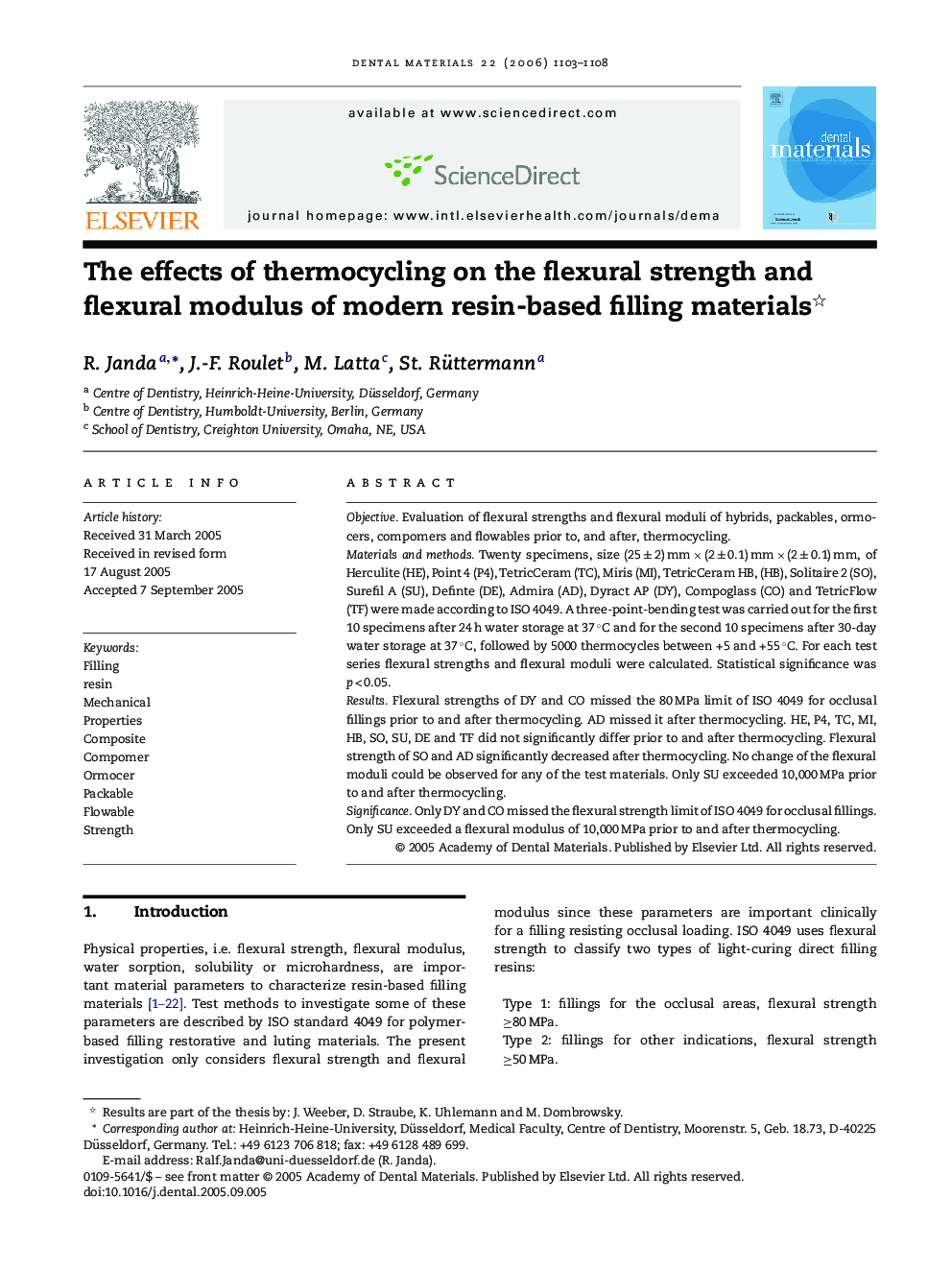 The effects of thermocycling on the flexural strength and flexural modulus of modern resin-based filling materials 