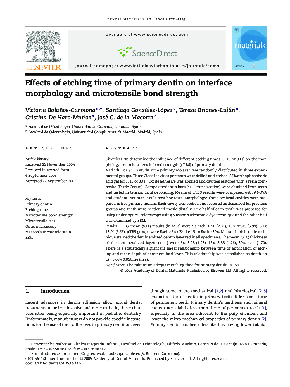 Effects of etching time of primary dentin on interface morphology and microtensile bond strength