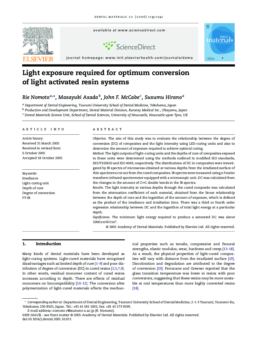 Light exposure required for optimum conversion of light activated resin systems