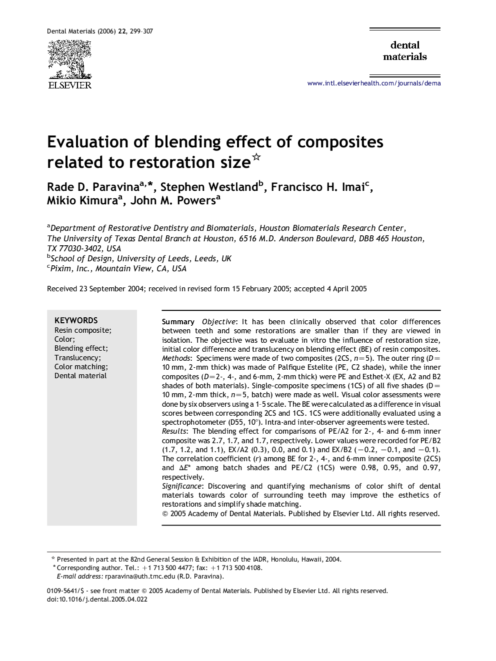 Evaluation of blending effect of composites related to restoration size