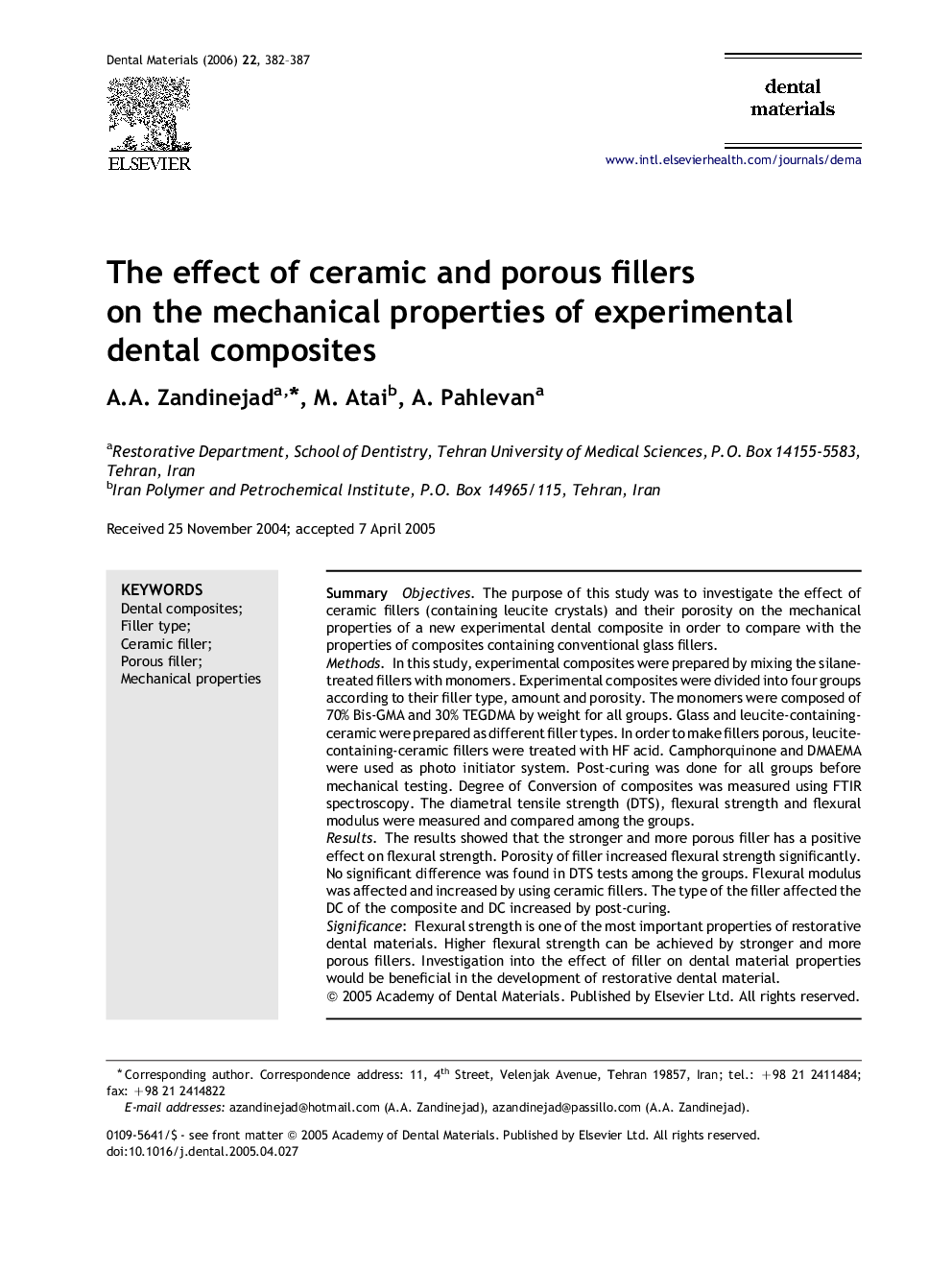 The effect of ceramic and porous fillers on the mechanical properties of experimental dental composites