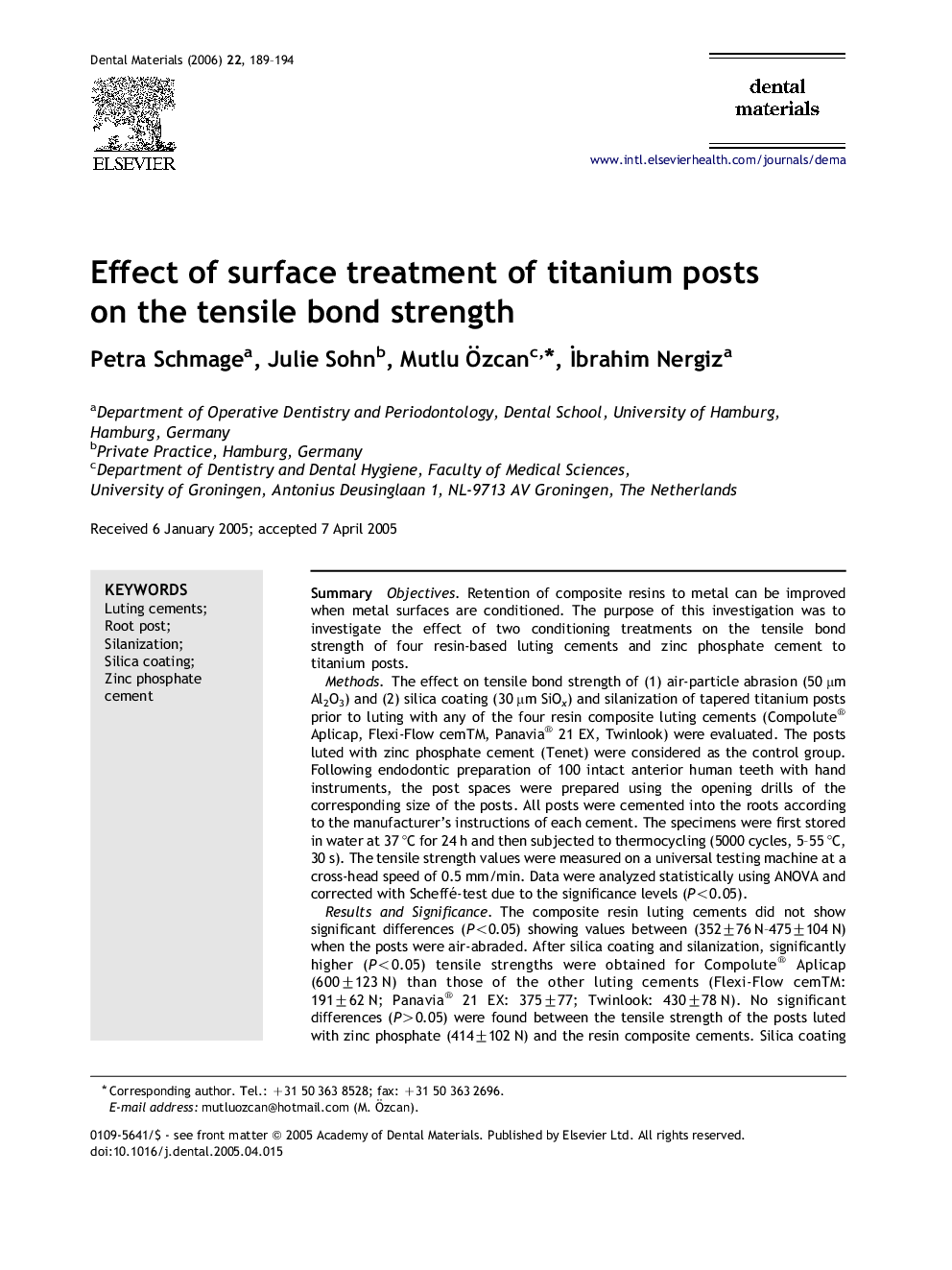 Effect of surface treatment of titanium posts on the tensile bond strength