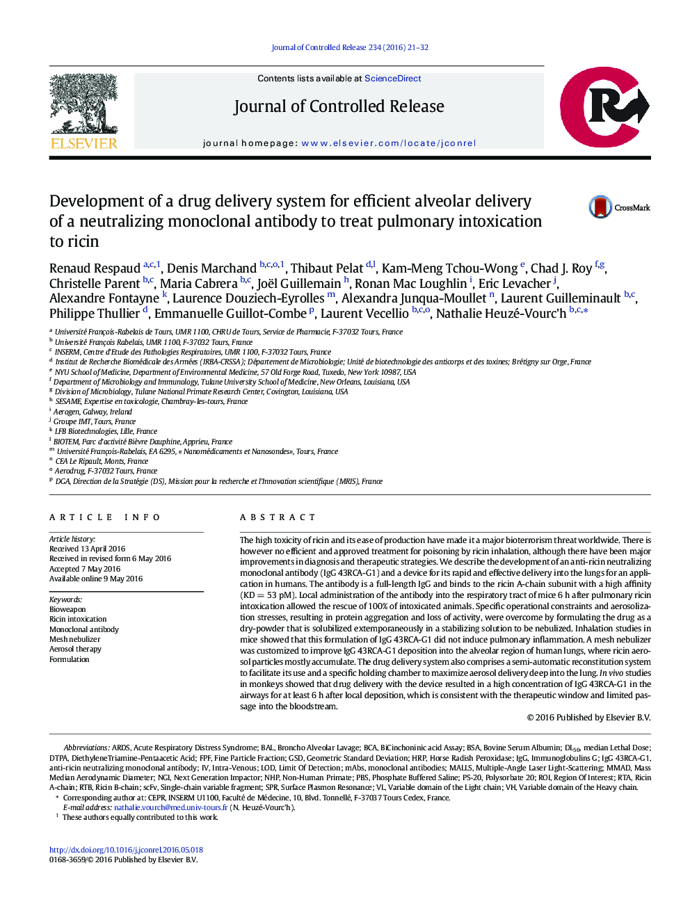 Development of a drug delivery system for efficient alveolar delivery of a neutralizing monoclonal antibody to treat pulmonary intoxication to ricin