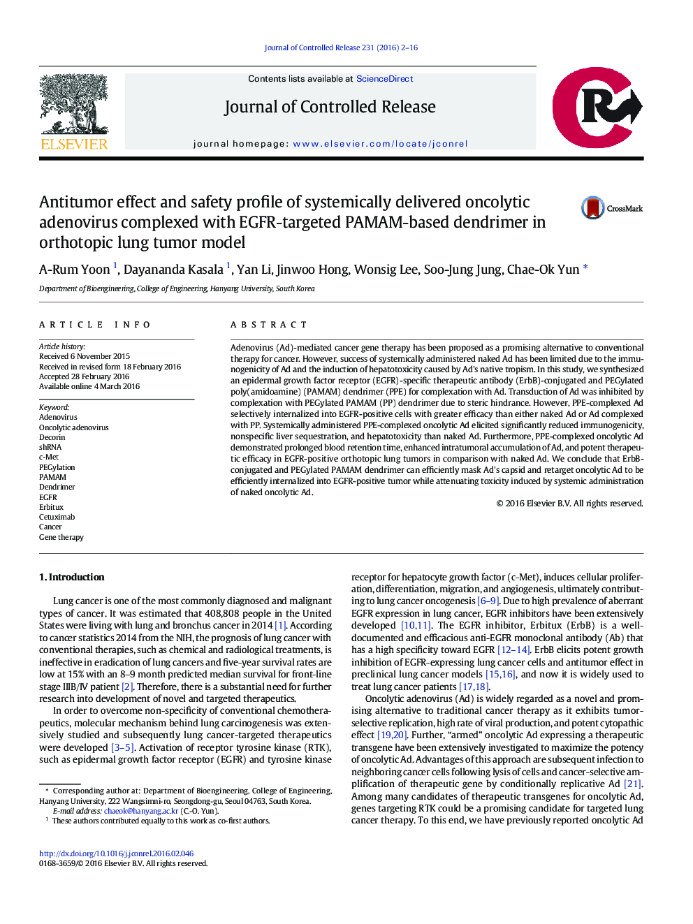 Antitumor effect and safety profile of systemically delivered oncolytic adenovirus complexed with EGFR-targeted PAMAM-based dendrimer in orthotopic lung tumor model