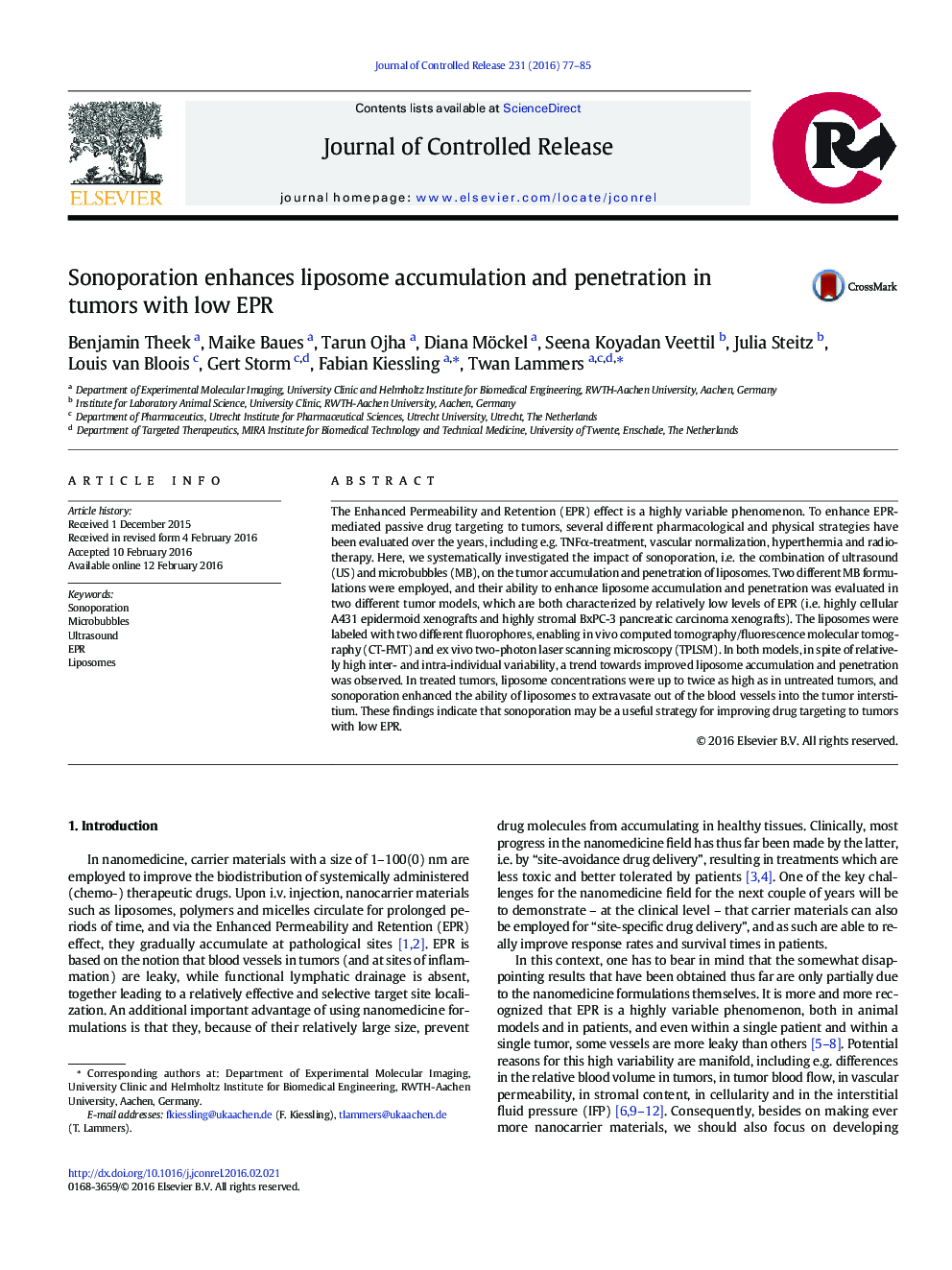 Sonoporation enhances liposome accumulation and penetration in tumors with low EPR