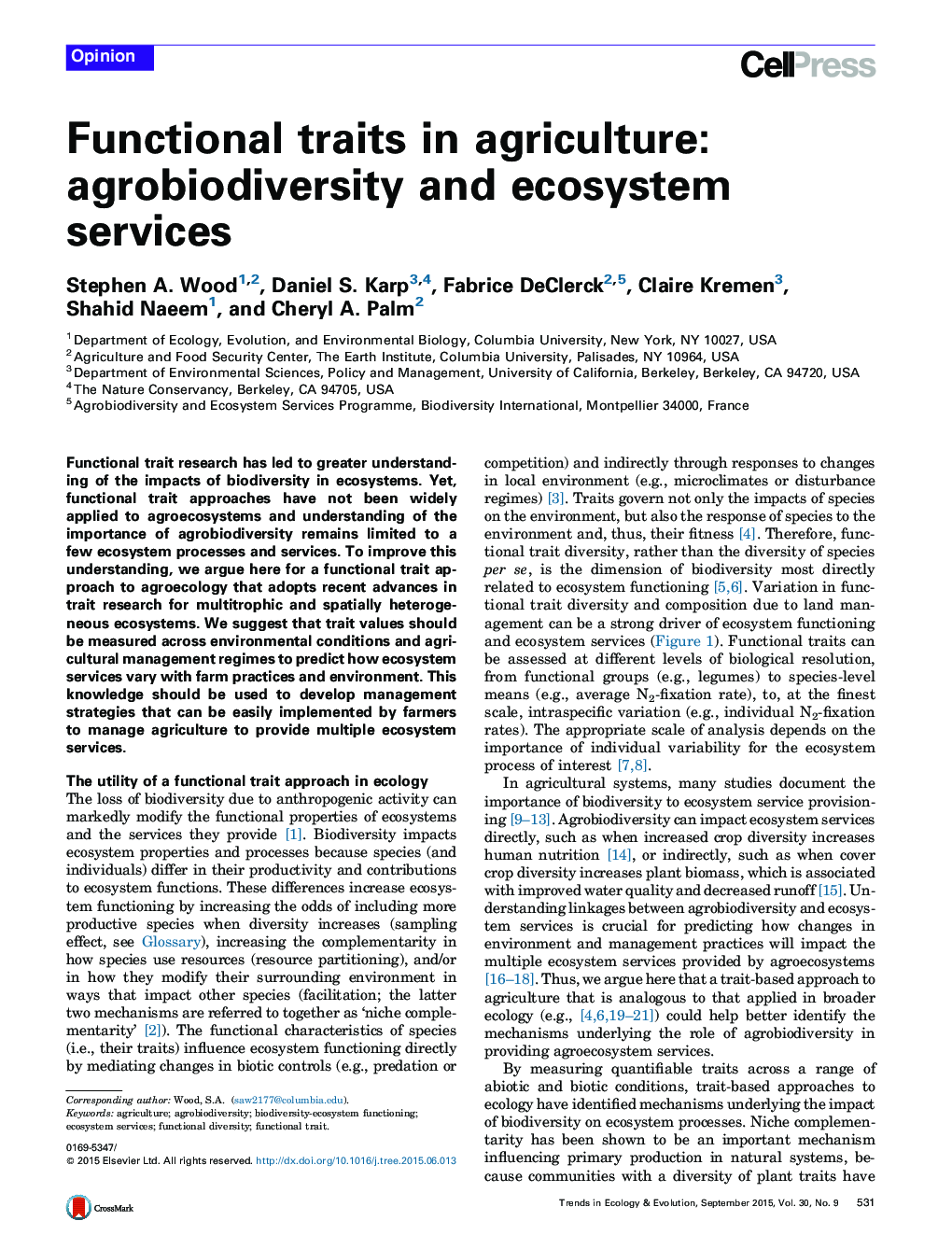 Functional traits in agriculture: agrobiodiversity and ecosystem services