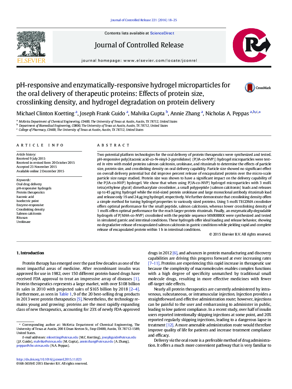 pH-responsive and enzymatically-responsive hydrogel microparticles for the oral delivery of therapeutic proteins: Effects of protein size, crosslinking density, and hydrogel degradation on protein delivery