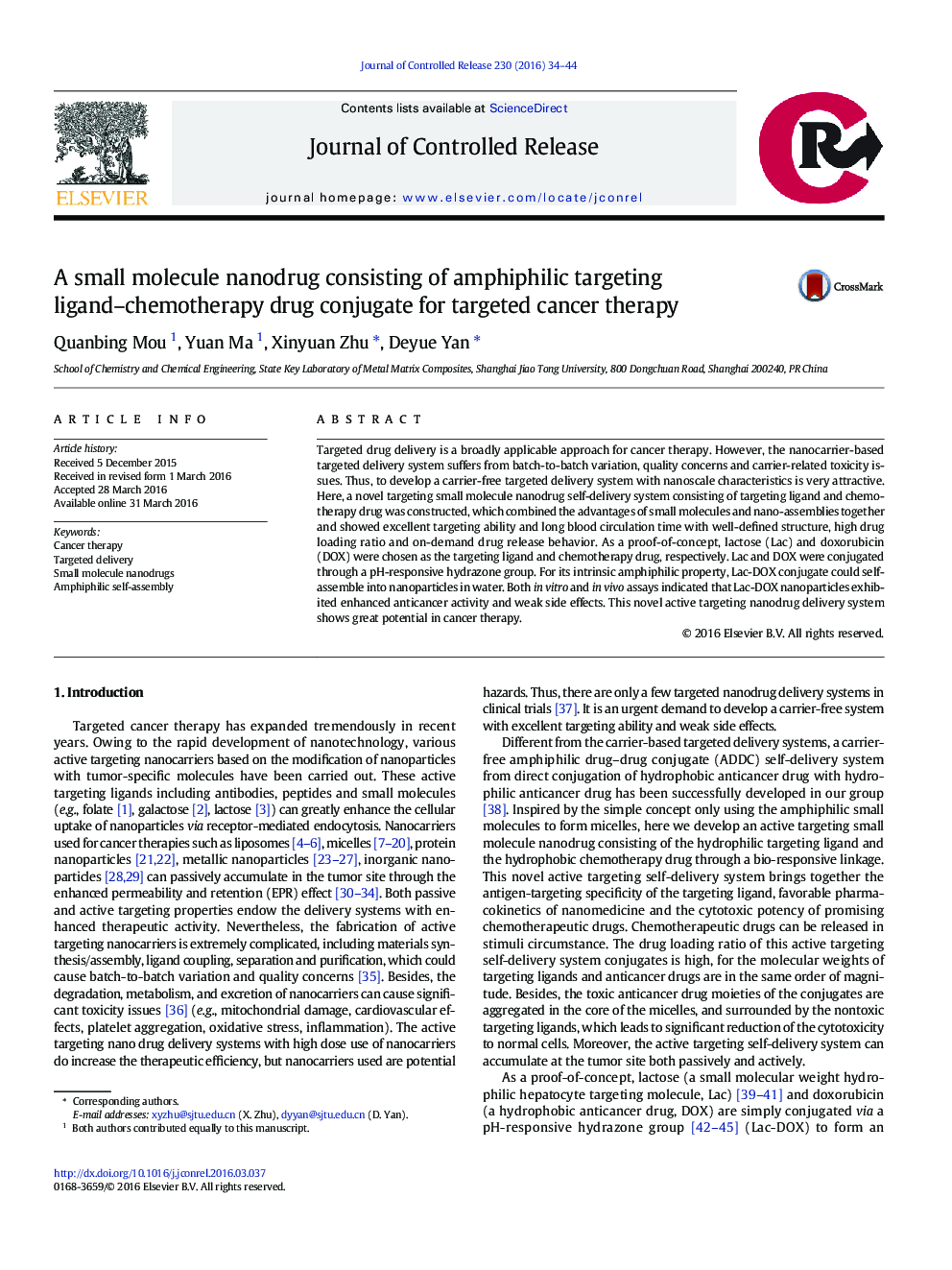 A small molecule nanodrug consisting of amphiphilic targeting ligand–chemotherapy drug conjugate for targeted cancer therapy 