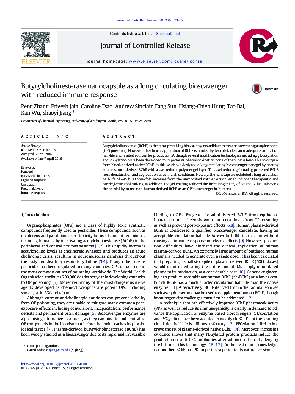 Butyrylcholinesterase nanocapsule as a long circulating bioscavenger with reduced immune response