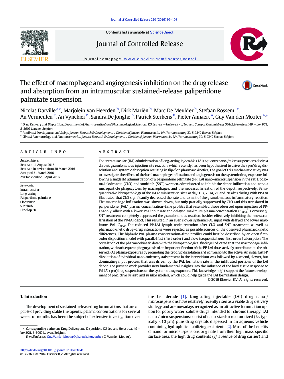 The effect of macrophage and angiogenesis inhibition on the drug release and absorption from an intramuscular sustained-release paliperidone palmitate suspension