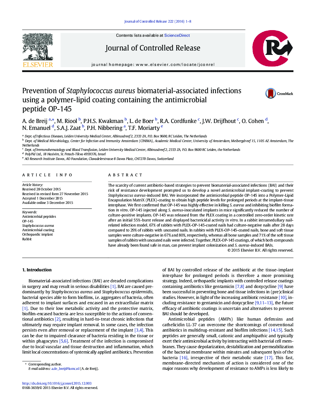 Prevention of Staphylococcus aureus biomaterial-associated infections using a polymer-lipid coating containing the antimicrobial peptide OP-145