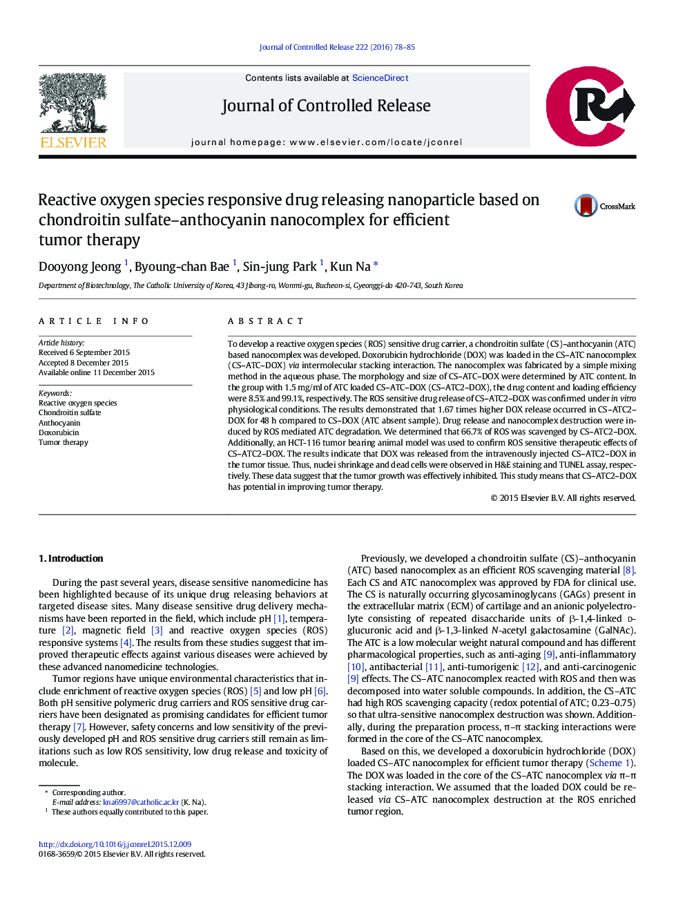 Reactive oxygen species responsive drug releasing nanoparticle based on chondroitin sulfate–anthocyanin nanocomplex for efficient tumor therapy