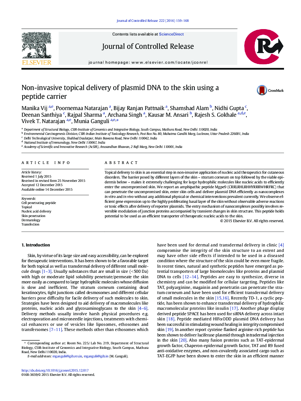 Non-invasive topical delivery of plasmid DNA to the skin using a peptide carrier