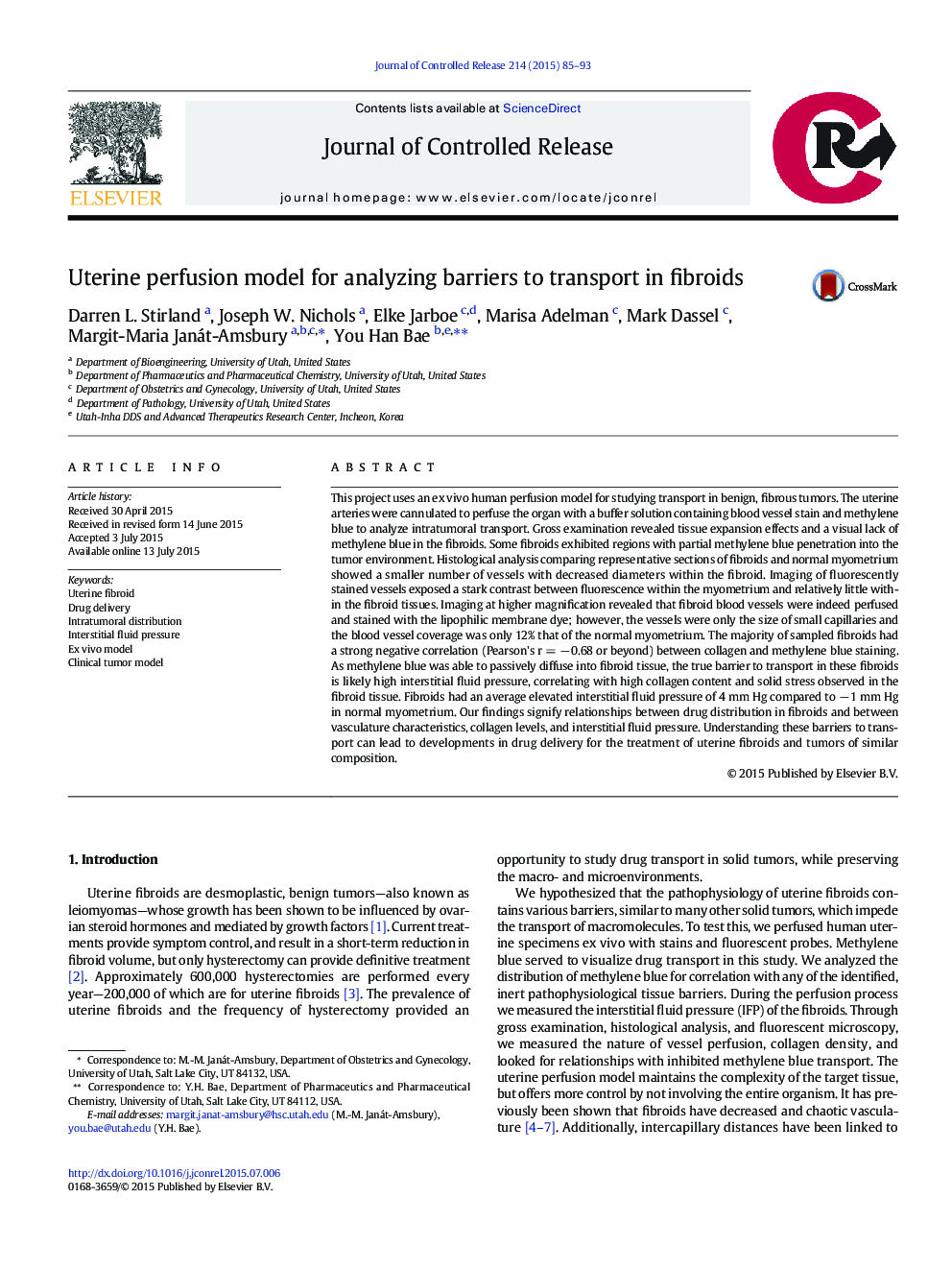 Uterine perfusion model for analyzing barriers to transport in fibroids