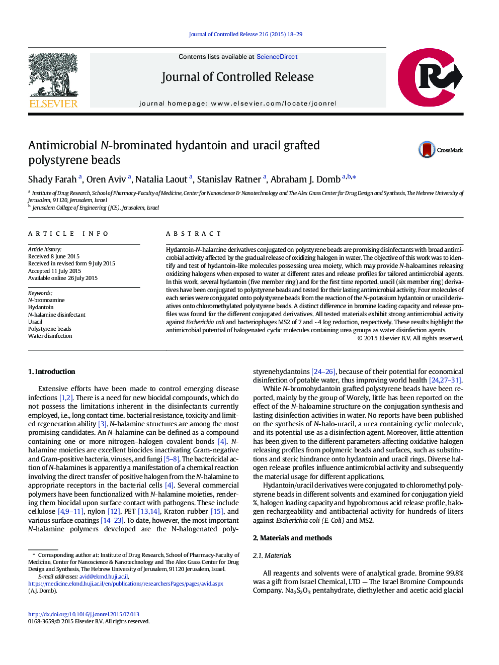 Antimicrobial N-brominated hydantoin and uracil grafted polystyrene beads