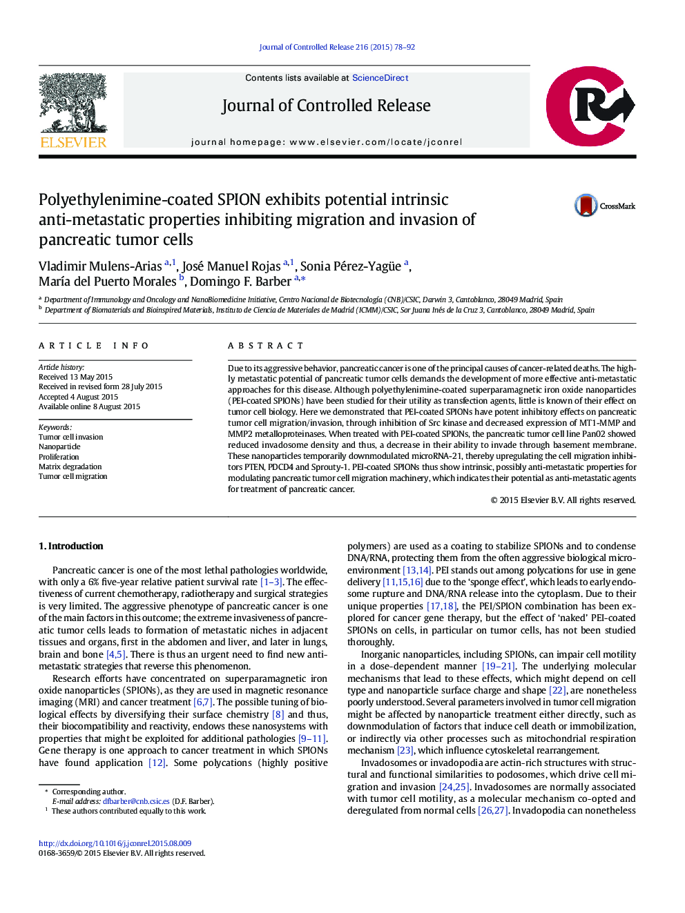 Polyethylenimine-coated SPION exhibits potential intrinsic anti-metastatic properties inhibiting migration and invasion of pancreatic tumor cells