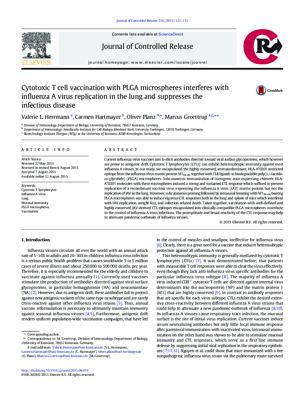 Cytotoxic T cell vaccination with PLGA microspheres interferes with influenza A virus replication in the lung and suppresses the infectious disease