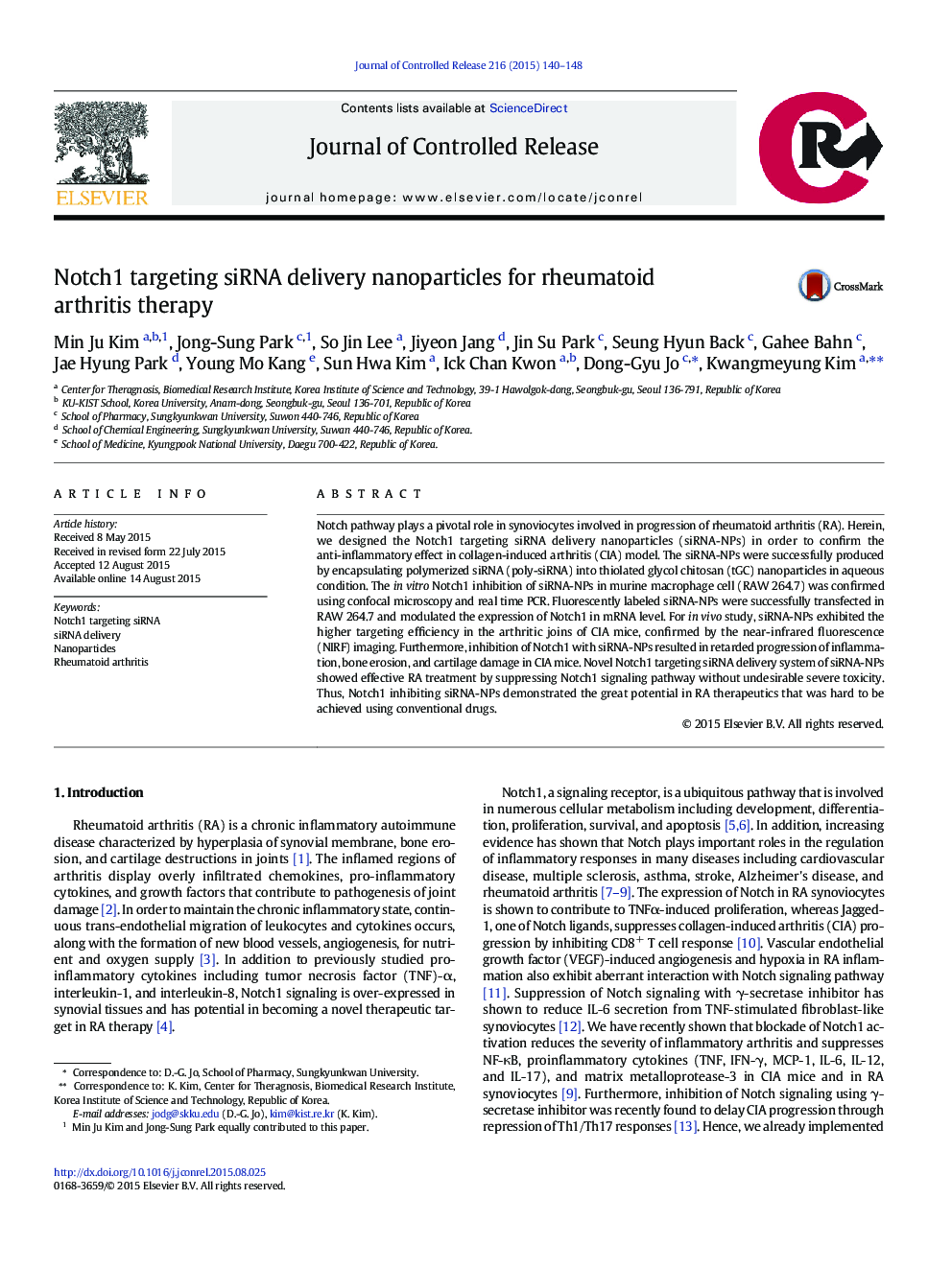 Notch1 targeting siRNA delivery nanoparticles for rheumatoid arthritis therapy