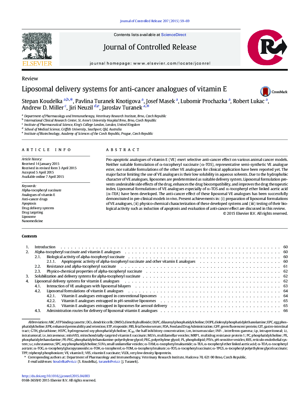 Liposomal delivery systems for anti-cancer analogues of vitamin E