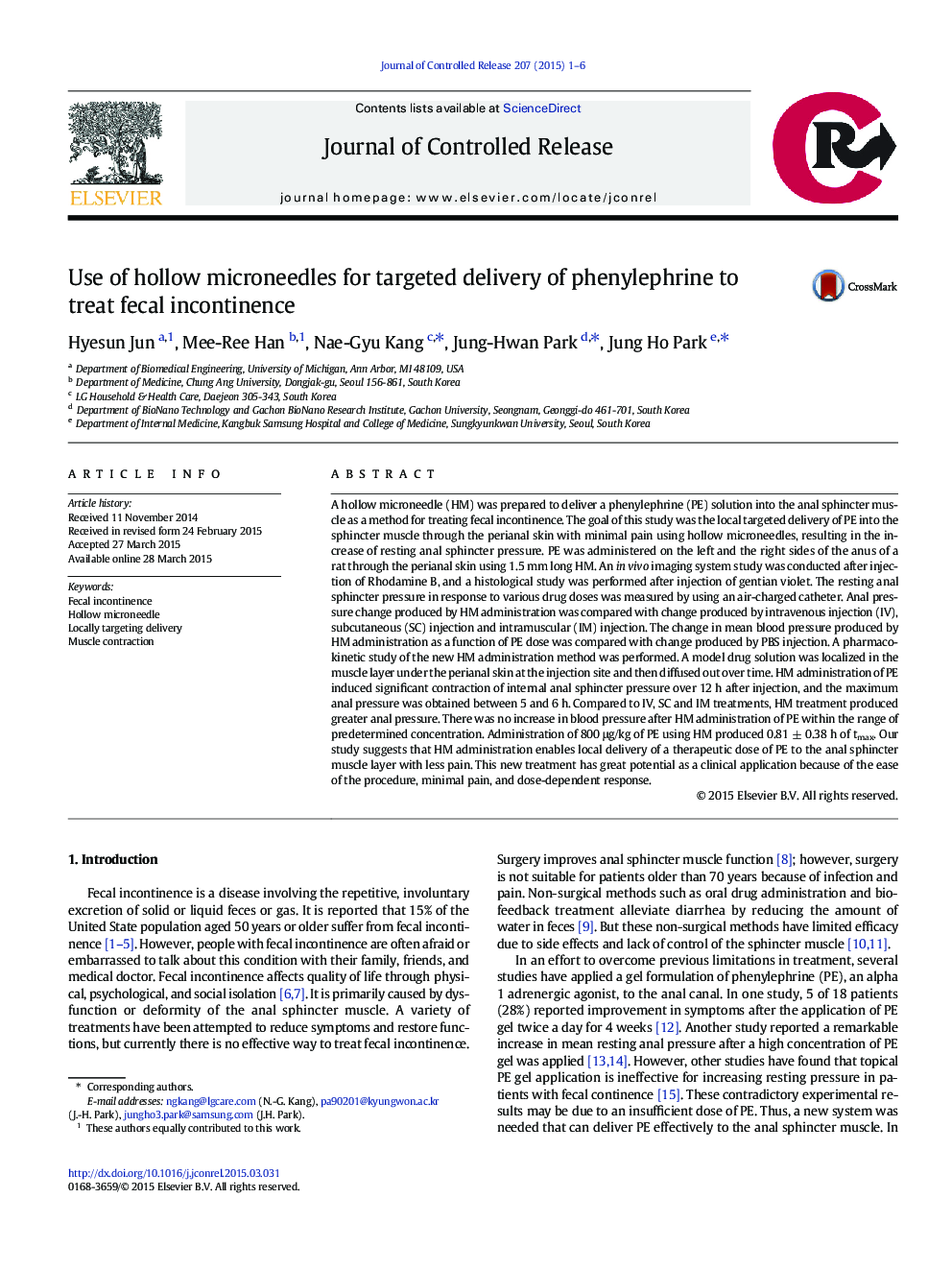 Use of hollow microneedles for targeted delivery of phenylephrine to treat fecal incontinence