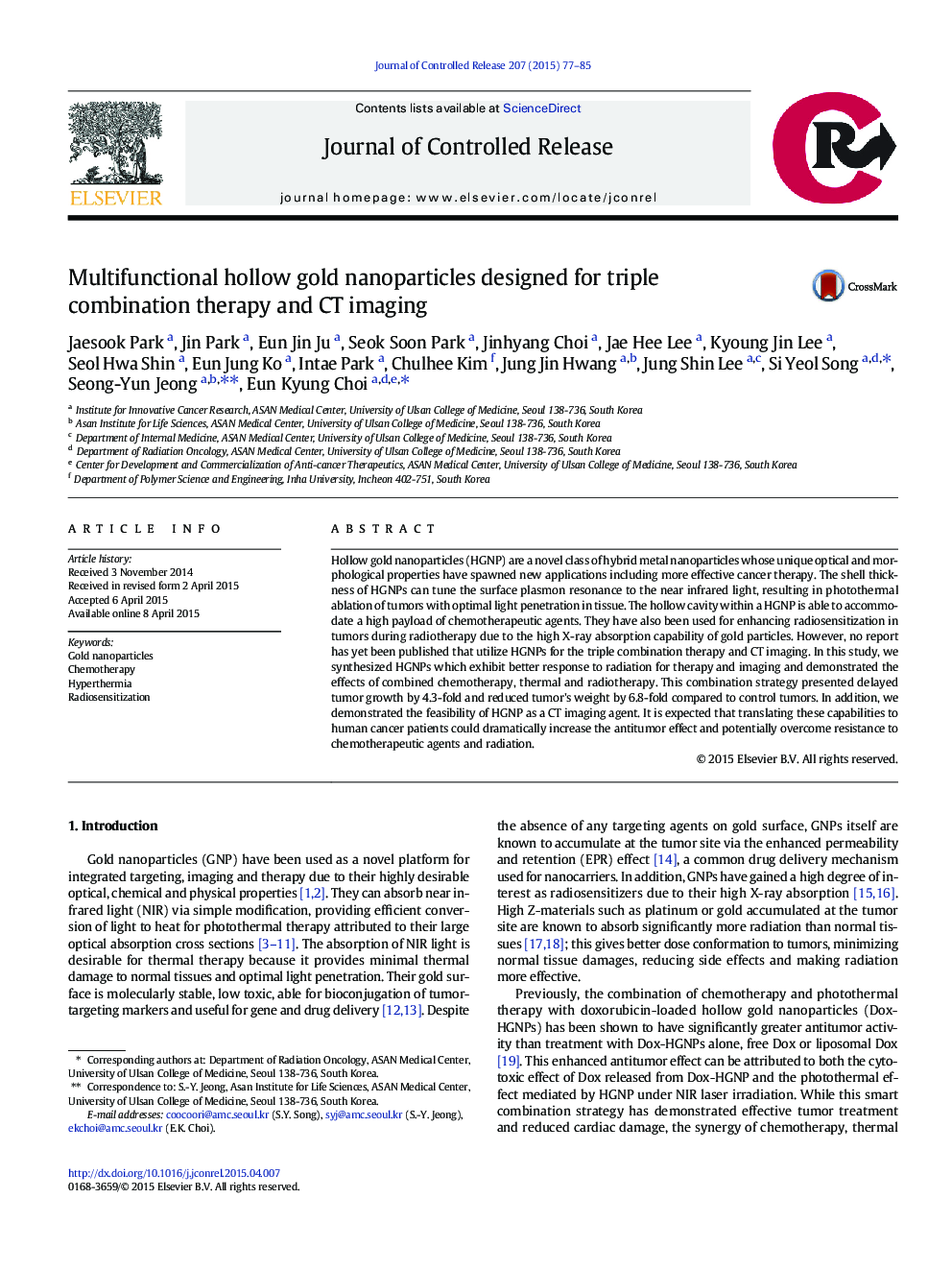 Multifunctional hollow gold nanoparticles designed for triple combination therapy and CT imaging