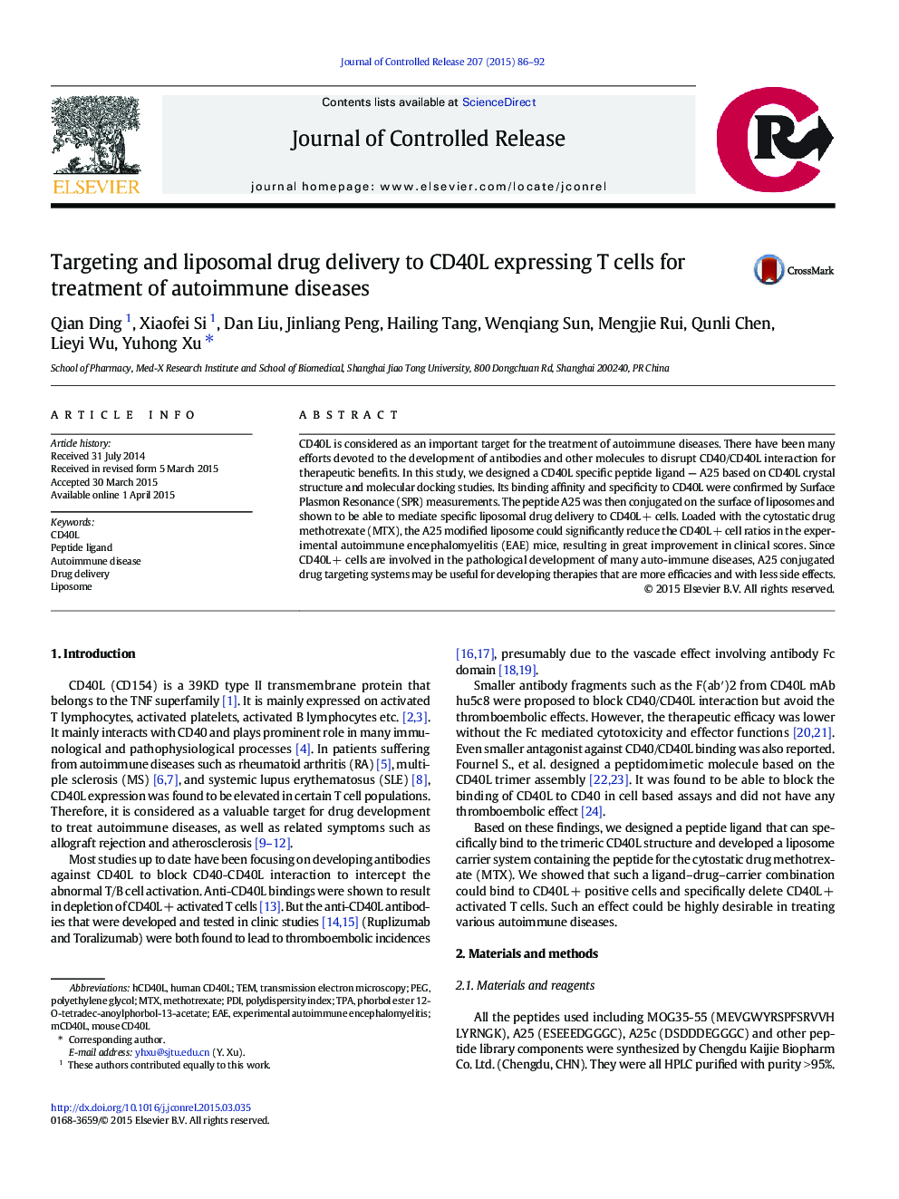 Targeting and liposomal drug delivery to CD40L expressing T cells for treatment of autoimmune diseases