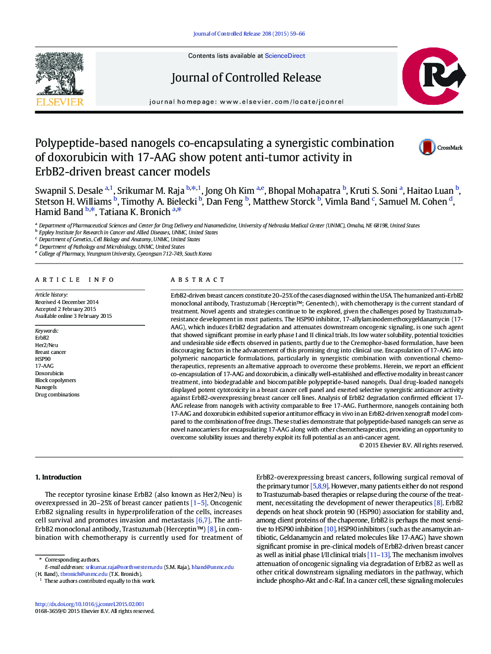 Polypeptide-based nanogels co-encapsulating a synergistic combination of doxorubicin with 17-AAG show potent anti-tumor activity in ErbB2-driven breast cancer models