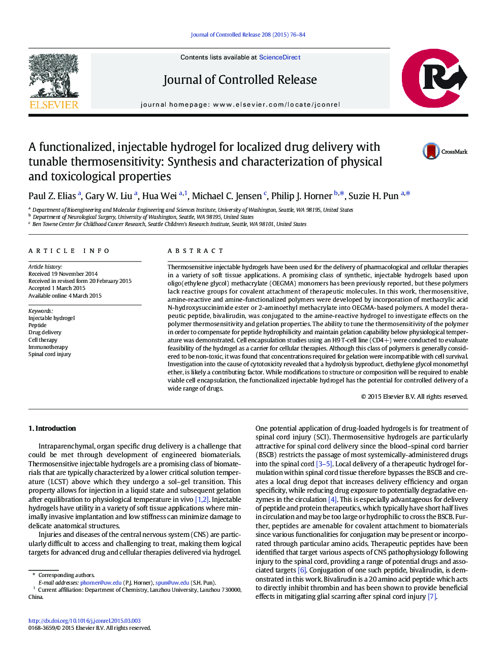 A functionalized, injectable hydrogel for localized drug delivery with tunable thermosensitivity: Synthesis and characterization of physical and toxicological properties