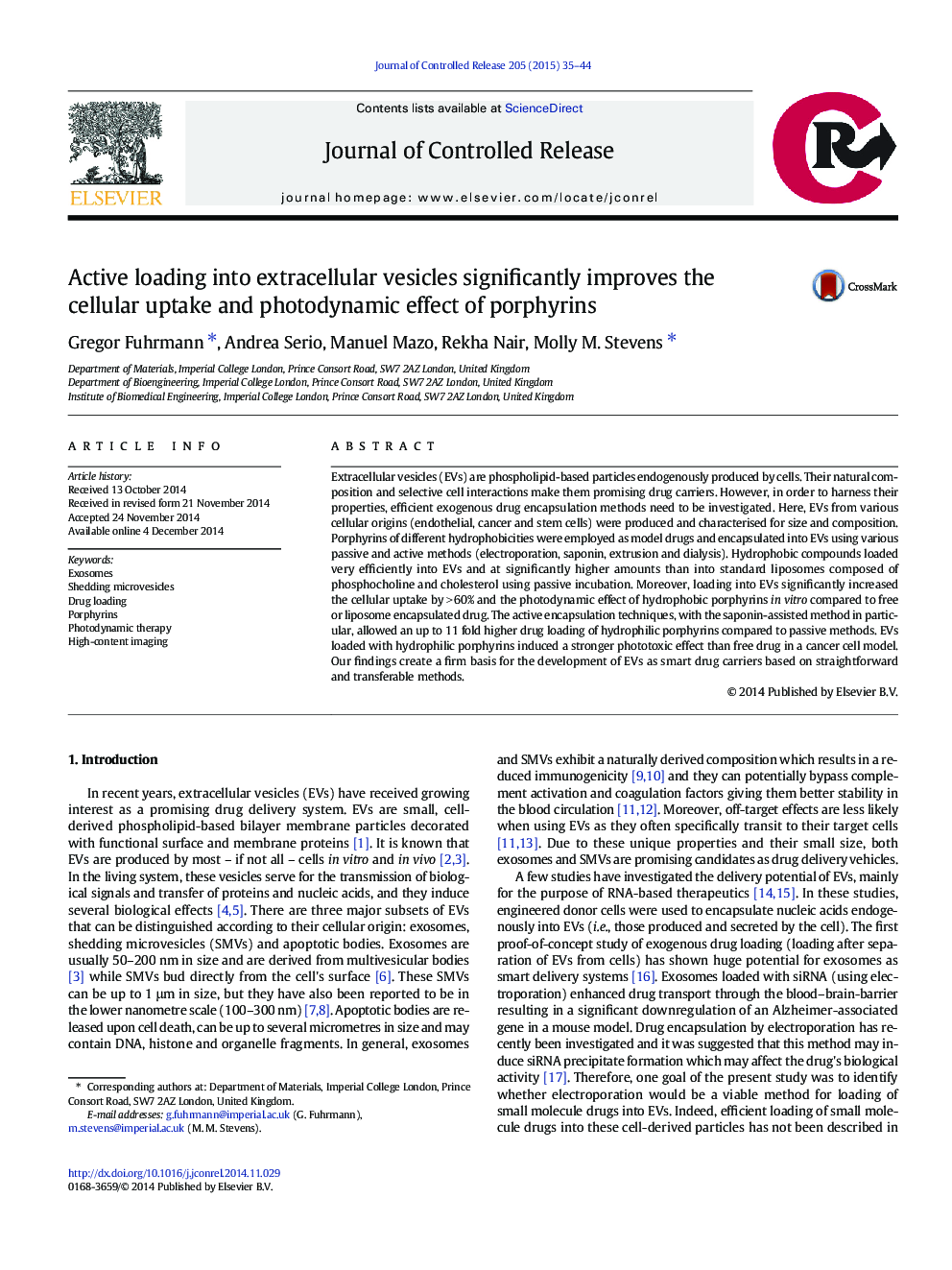 Active loading into extracellular vesicles significantly improves the cellular uptake and photodynamic effect of porphyrins