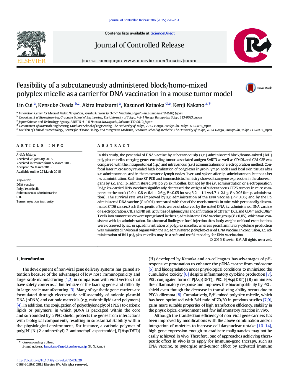 Feasibility of a subcutaneously administered block/homo-mixed polyplex micelle as a carrier for DNA vaccination in a mouse tumor model