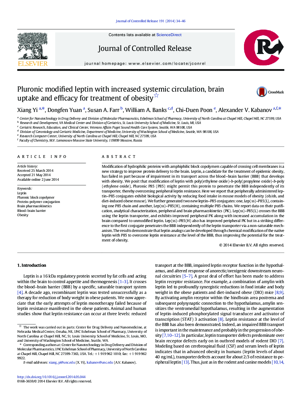 Pluronic modified leptin with increased systemic circulation, brain uptake and efficacy for treatment of obesity 