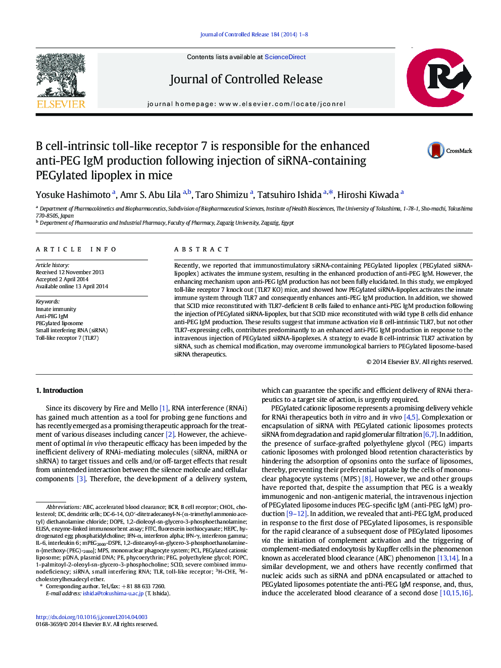 B cell-intrinsic toll-like receptor 7 is responsible for the enhanced anti-PEG IgM production following injection of siRNA-containing PEGylated lipoplex in mice