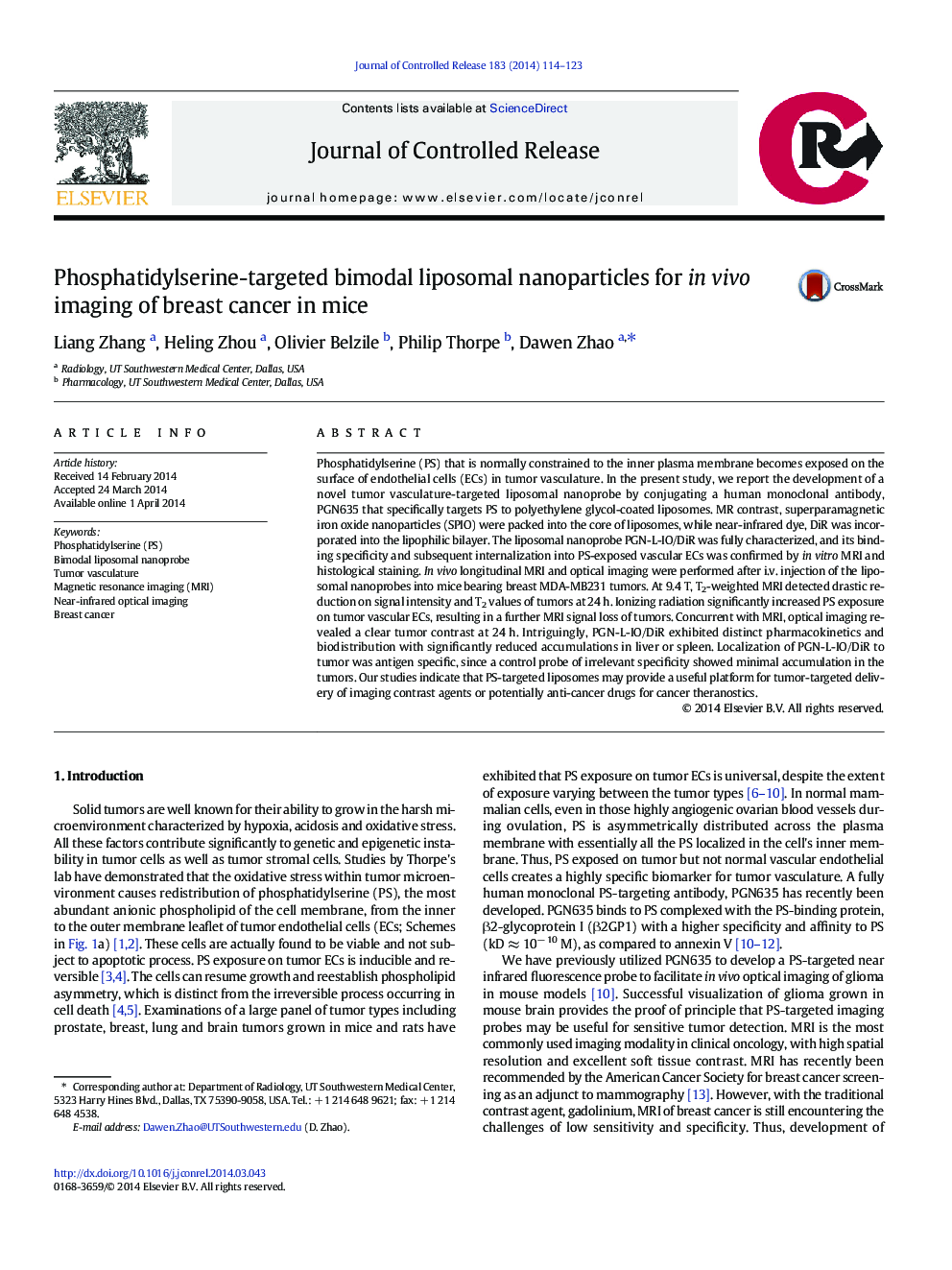 Phosphatidylserine-targeted bimodal liposomal nanoparticles for in vivo imaging of breast cancer in mice