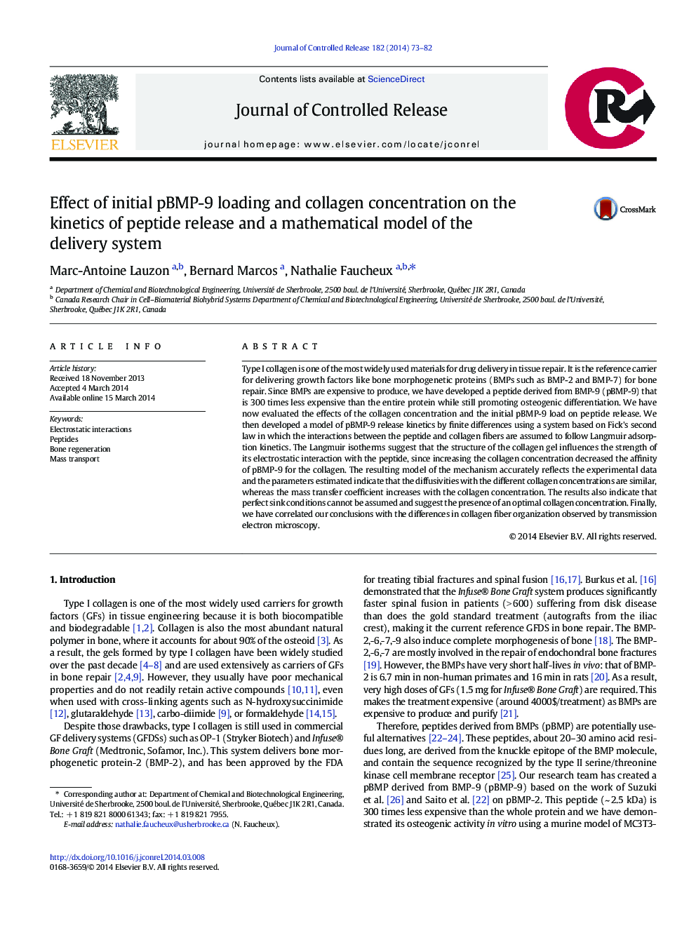 Effect of initial pBMP-9 loading and collagen concentration on the kinetics of peptide release and a mathematical model of the delivery system