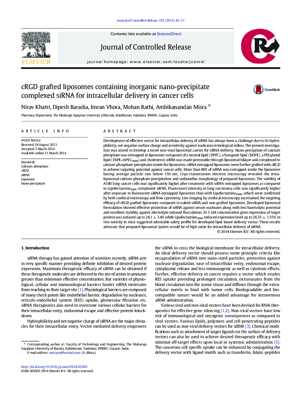 cRGD grafted liposomes containing inorganic nano-precipitate complexed siRNA for intracellular delivery in cancer cells