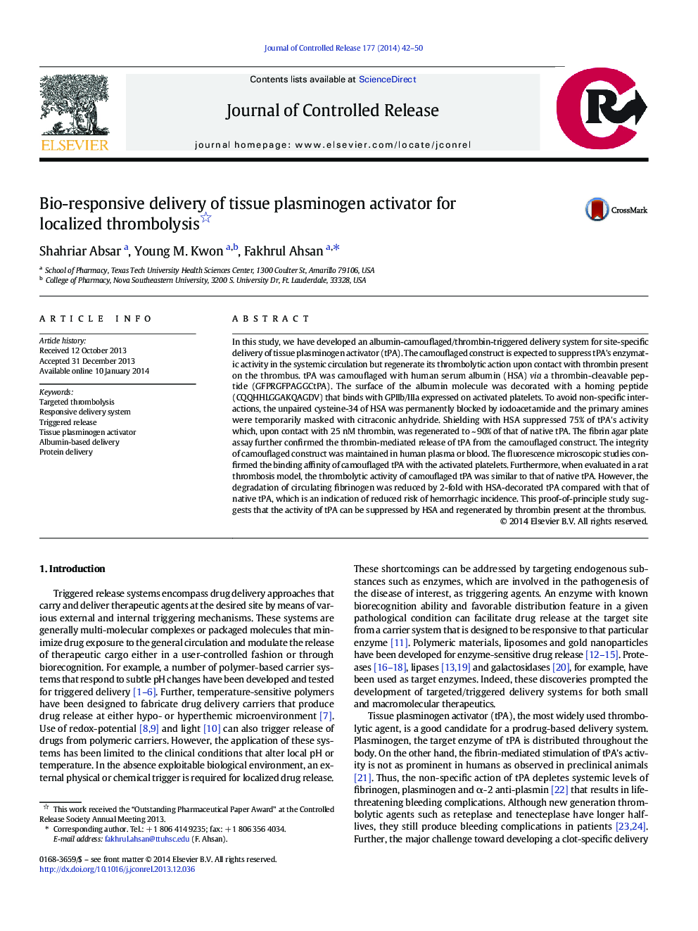 Bio-responsive delivery of tissue plasminogen activator for localized thrombolysis 