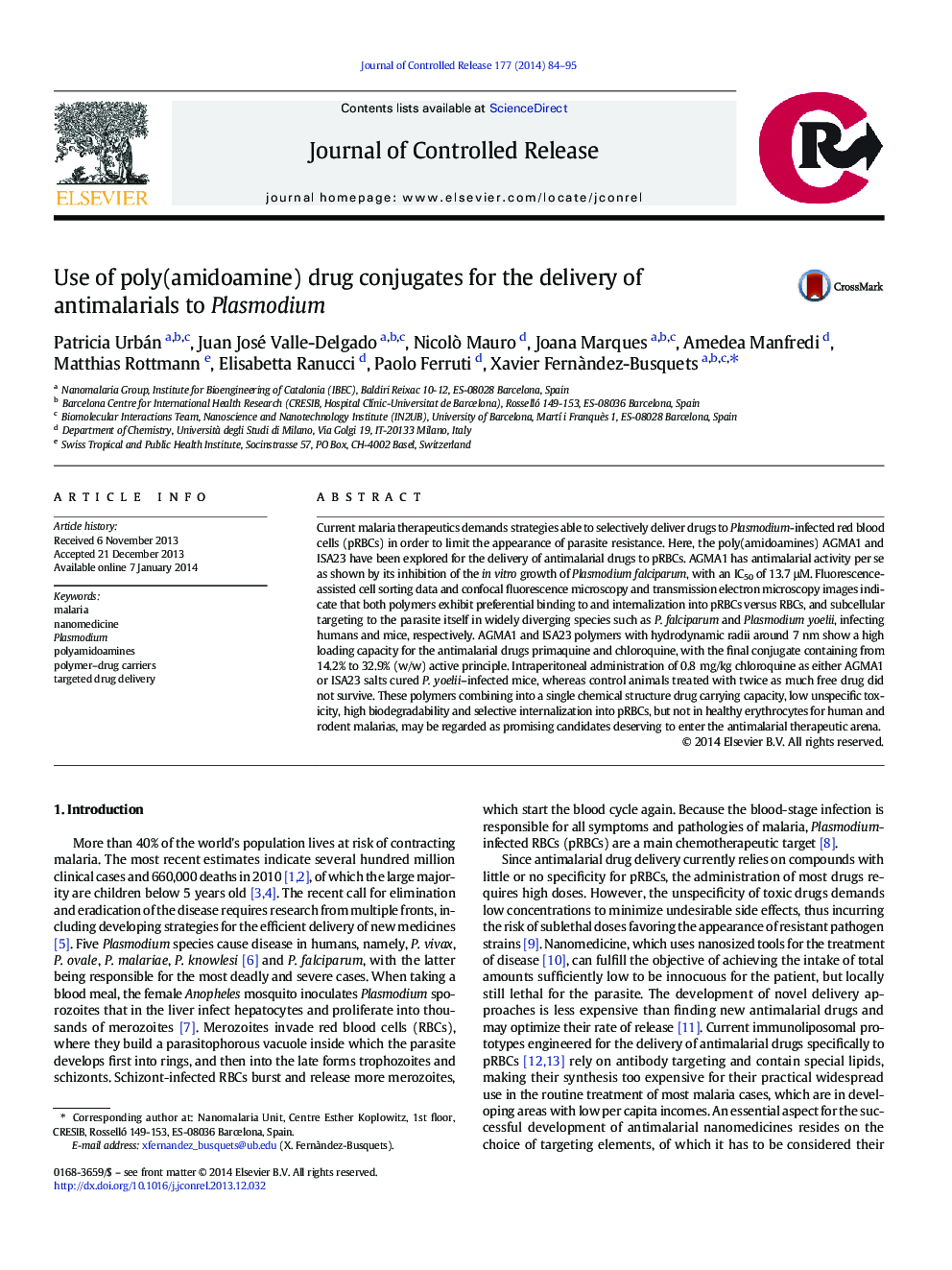 Use of poly(amidoamine) drug conjugates for the delivery of antimalarials to Plasmodium