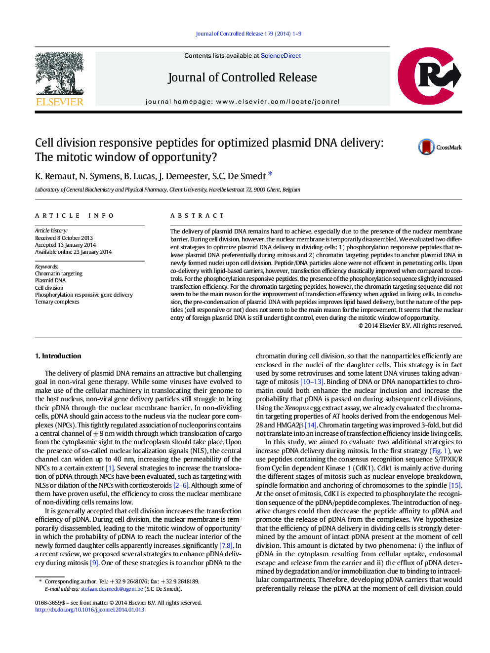 Cell division responsive peptides for optimized plasmid DNA delivery: The mitotic window of opportunity?