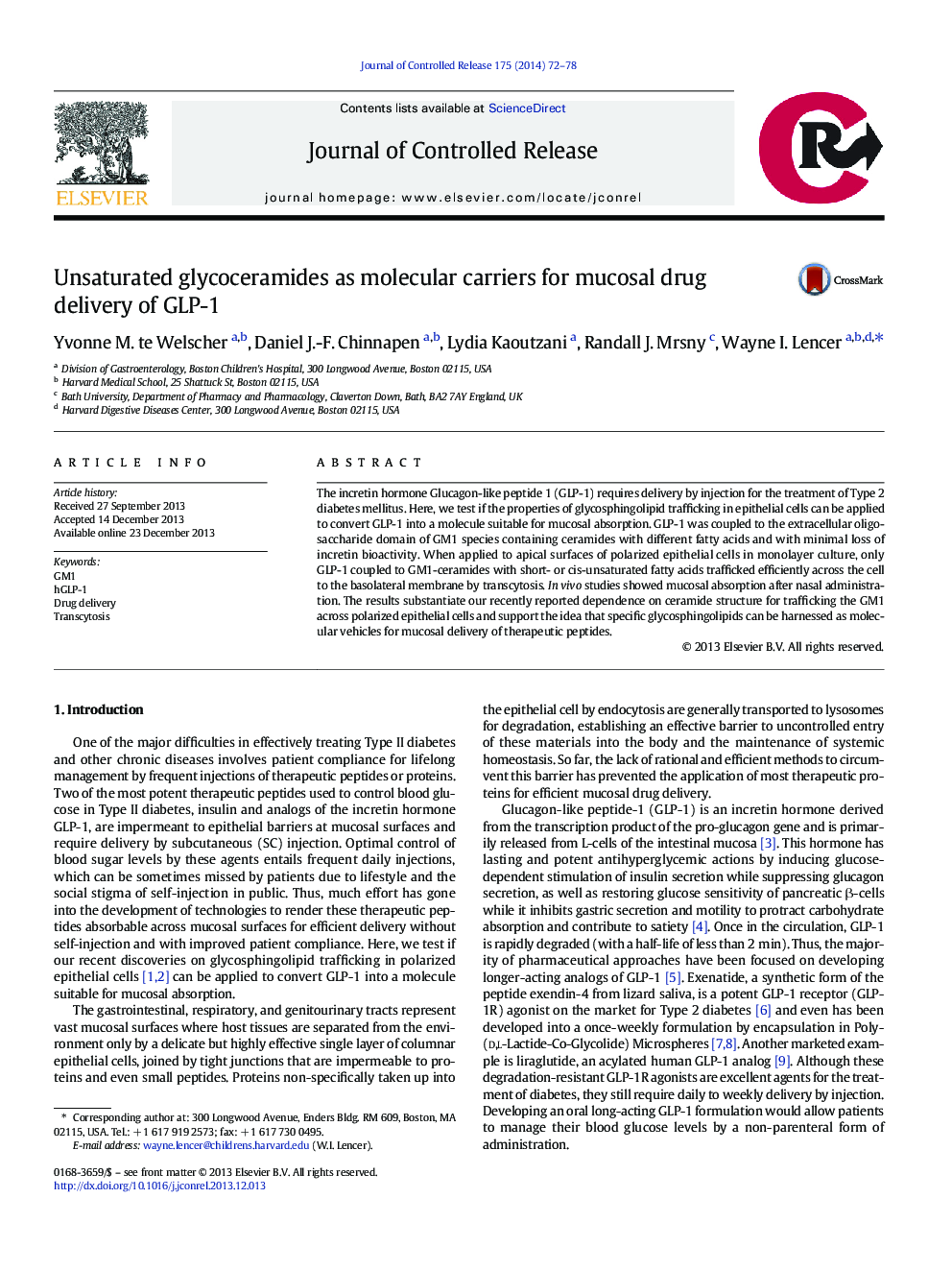 Unsaturated glycoceramides as molecular carriers for mucosal drug delivery of GLP-1