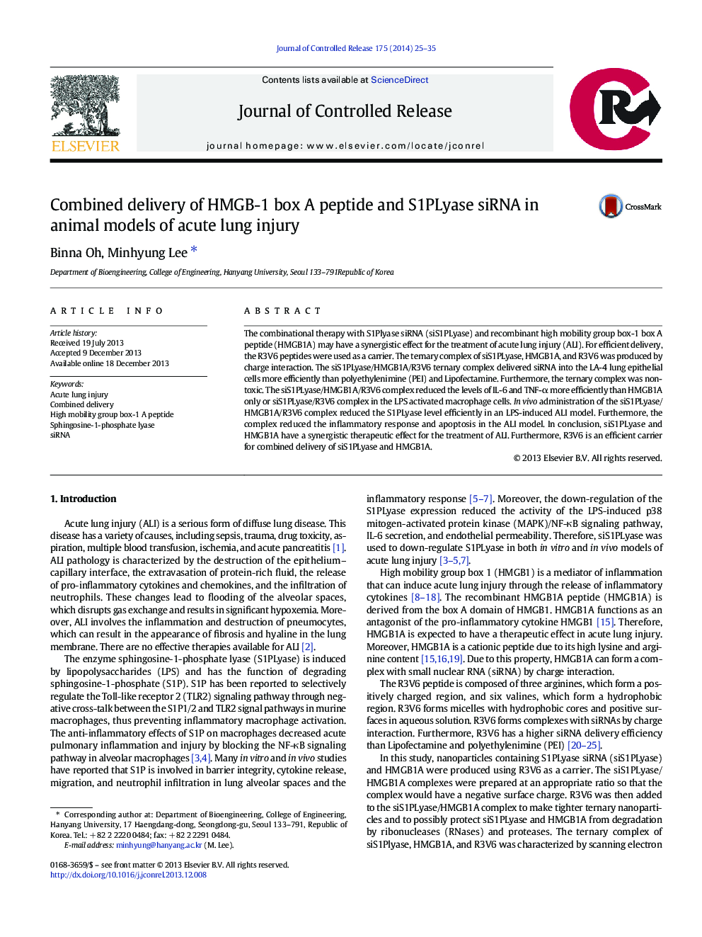 Combined delivery of HMGB-1 box A peptide and S1PLyase siRNA in animal models of acute lung injury