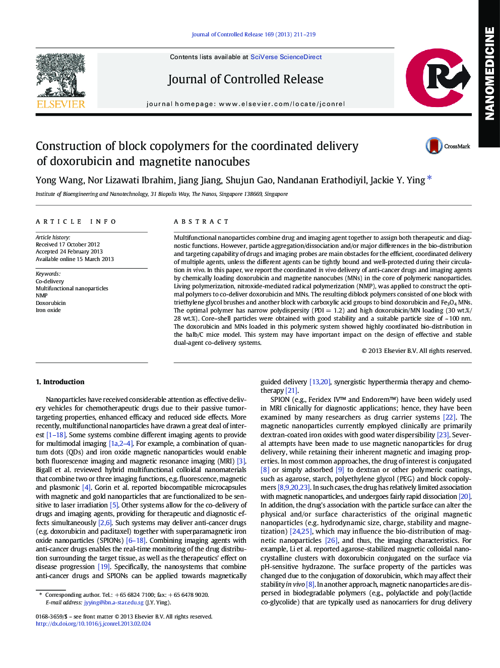 Construction of block copolymers for the coordinated delivery of doxorubicin and magnetite nanocubes