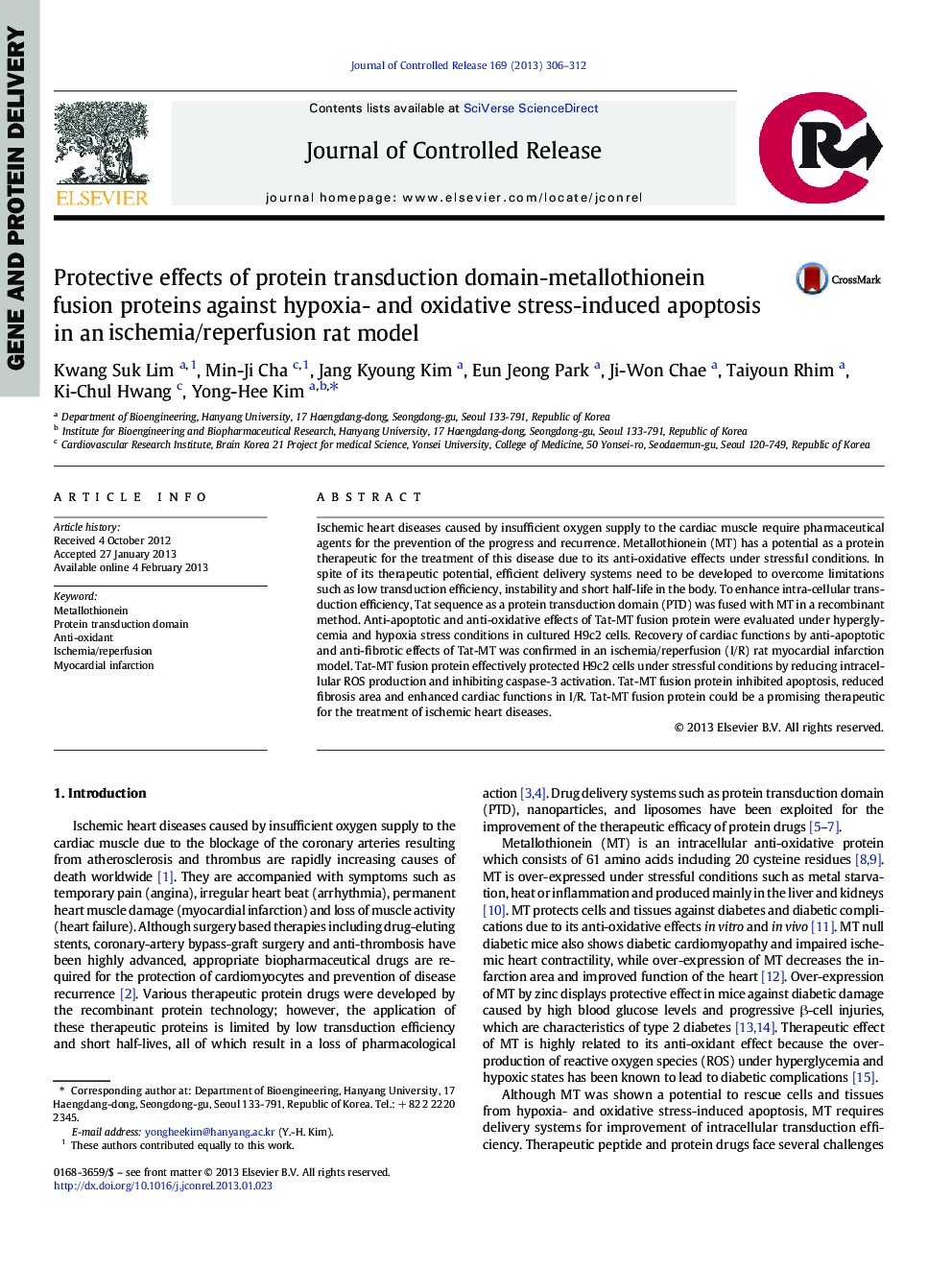 Protective effects of protein transduction domain-metallothionein fusion proteins against hypoxia- and oxidative stress-induced apoptosis in an ischemia/reperfusion rat model