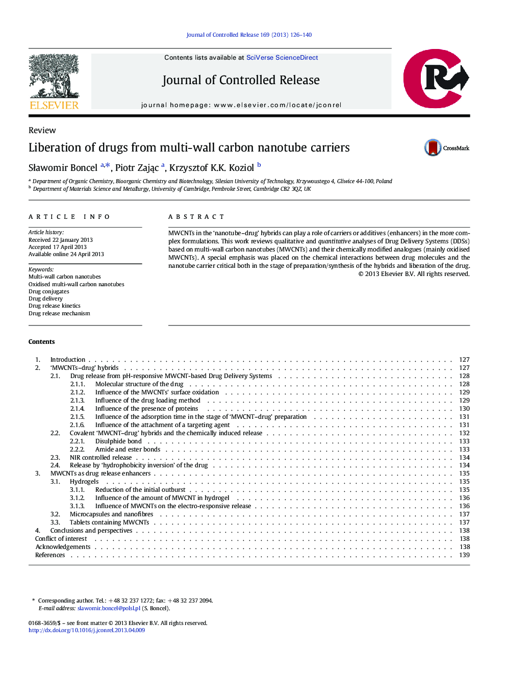 Liberation of drugs from multi-wall carbon nanotube carriers