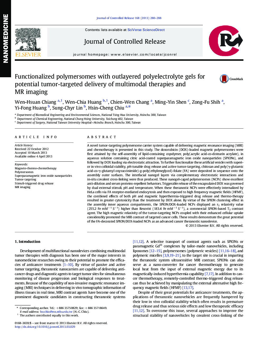 Functionalized polymersomes with outlayered polyelectrolyte gels for potential tumor-targeted delivery of multimodal therapies and MR imaging