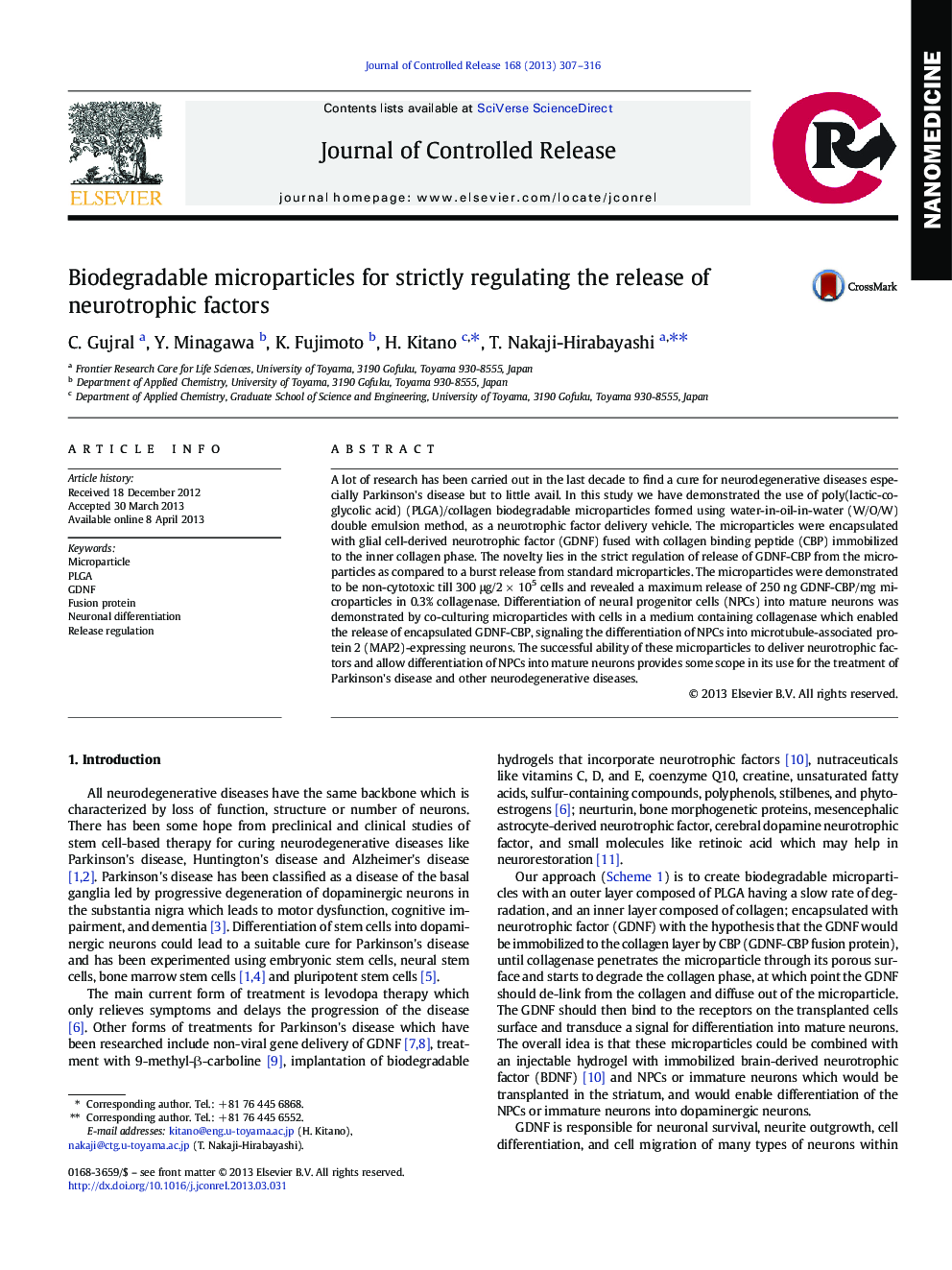 Biodegradable microparticles for strictly regulating the release of neurotrophic factors