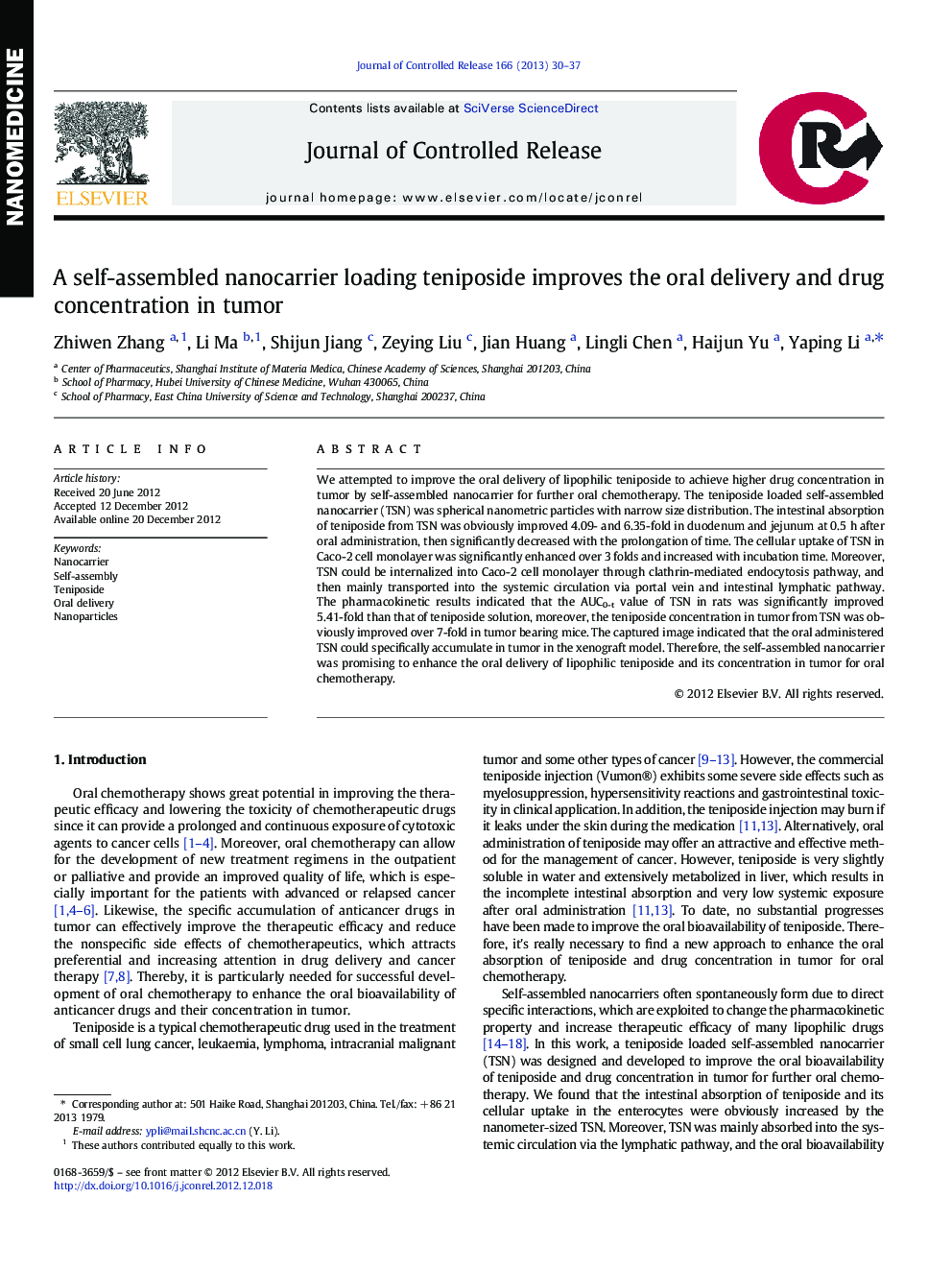 A self-assembled nanocarrier loading teniposide improves the oral delivery and drug concentration in tumor