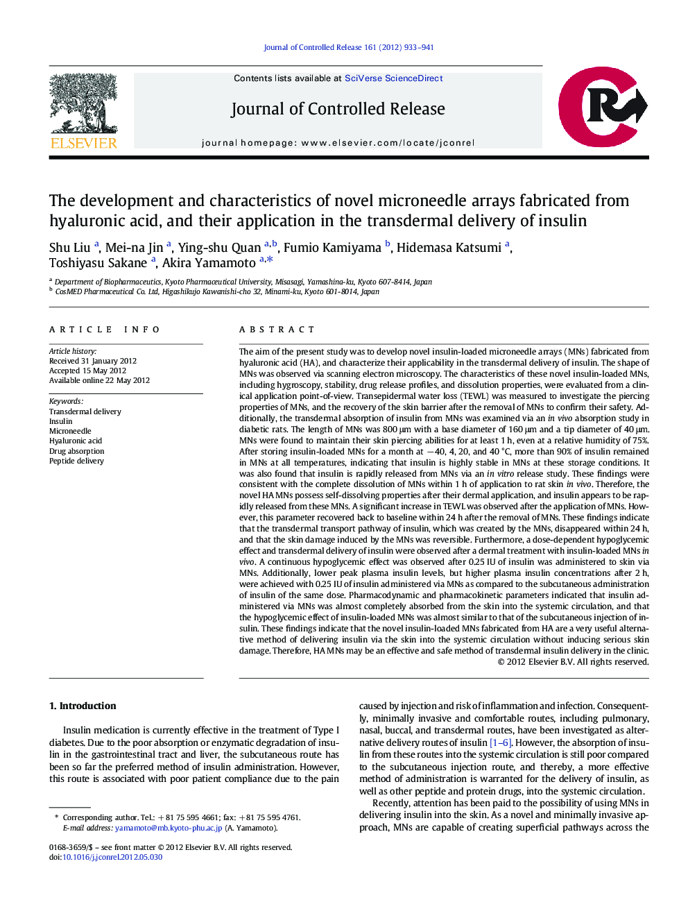 The development and characteristics of novel microneedle arrays fabricated from hyaluronic acid, and their application in the transdermal delivery of insulin